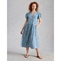 White Stuff Cotton Blend Printed Midi Waisted Dress Blue Mix