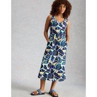 White Stuff Pure Cotton Jersey Printed Midi Waisted Dress Navy Mix