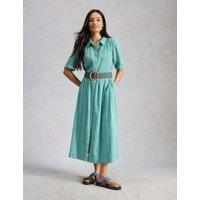 White Stuff Pure Cotton Double Cloth Midi Shirt Dress Blue