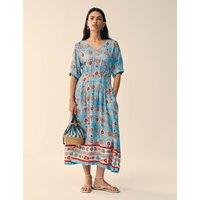 White Stuff Floral V-Neck Midi Skater Dress Blue Mix