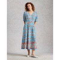 White Stuff Floral V-Neck Midi Skater Dress Blue Mix