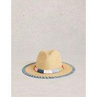 White Stuff Straw Embroidered Fedora Hat Natural Mix