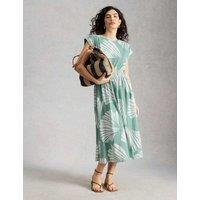White Stuff Pure Cotton Printed Midi Waisted Dress Teal Mix