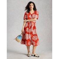 White Stuff Linen Rich Printed Midi Tea Dress Red Mix