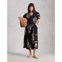 White Stuff Cotton Blend Printed Midi Waisted Dress Navy Mix
