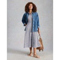 White Stuff Jersey Floral Collared Midi Shirt Dress Blue Mix