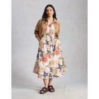 White Stuff Pure Cotton V-Neck Midi Waisted Dress White Mix