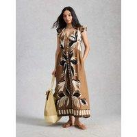 White Stuff Linen Rich Printed Maxi Waisted Dress Brown Mix