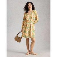 White Stuff Linen Rich Floral V-Neck Mini Waisted Dress Yellow Mix