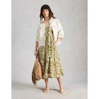 White Stuff Linen Rich Floral Midi Waisted Dress Green Mix