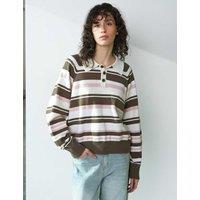 French Connection Striped Polo Neck Jumper Khaki Mix