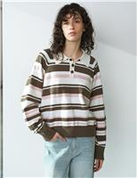 French Connection Striped Polo Neck Jumper Khaki Mix
