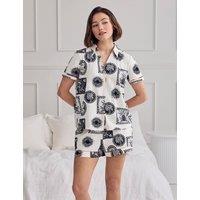 Chelsea Peers Cotton Rich Tropical Print Revere Shorts Pyjama Set Light Cream