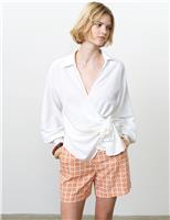 French Connection Cotton Blend Tie Front Wrap Top with Linen White