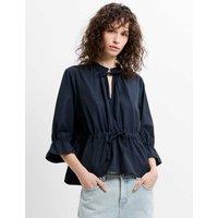 French Connection Poplin Ruffle Collar Tie Neck Waisted Top Navy
