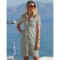 SOSANDAR Denim Zip Up Knee Length Shirt Dress Sage