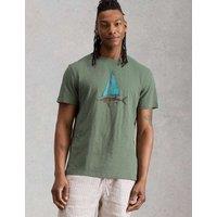 White Stuff Pure Cotton Fish Sail Graphic T-Shirt Green Mix