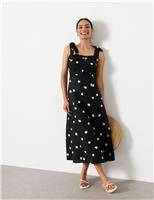 Pure Linen Polka Dot Square Neck Midi Dress