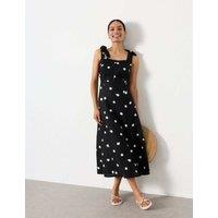 FatFace Pure Linen Polka Dot Square Neck Midi Dress Black Mix