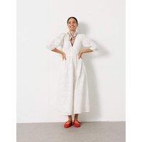 FatFace Pure Cotton Broderie V-Neck Midi Waisted Dress White