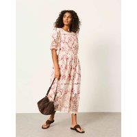 FatFace Cotton Rich Floral Lace Trim Midi Dress Ivory Mix