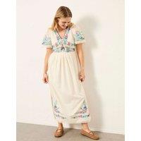 FatFace Pure Cotton Embroidered V-Neck Midi Dress Ivory Mix