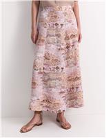 Pure Linen Printed Maxi A-Line Skirt