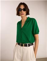 BAUKJEN Pure Cotton Collared Short Sleeve Cardigan Emerald