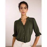 BAUKJEN Cotton Rich V-Neck Button Through Blouse Dark Khaki