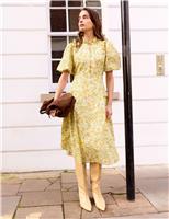 BAUKJEN Pure Cotton Floral Puff Sleeve Midi Dress Yellow Mix