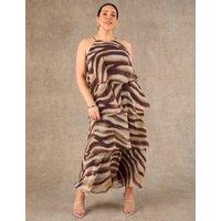 Live Unlimited London Printed Halter Neck Maxi Tiered Dress Brown