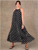 Polka Dot Halter Neck Pleated Maxi Column Dress