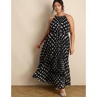 Live Unlimited London Polka Dot Halter Neck Pleated Maxi Column Dress Black Mix