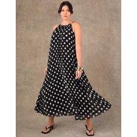 Live Unlimited London Polka Dot Halter Neck Pleated Maxi Column Dress Black Mix