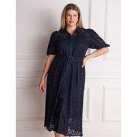 Live Unlimited London Lace Belted Puff Sleeve Midi Shirt Dress Navy