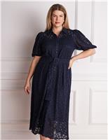 Lace Belted Puff Sleeve Midi Shirt Dress