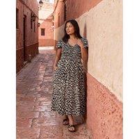 Live Unlimited London Pure Cotton Animal Print Shirred Midi Dress Black Mix