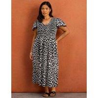 Live Unlimited London Pure Cotton Animal Print Shirred Midi Dress Black Mix
