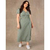 Live Unlimited London Gingham V-Neck Puff Sleeve Midaxi Waisted Dress Green