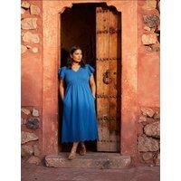 Live Unlimited London Pure Cotton Broderie V-Neck Midi Shirred Dress Blue