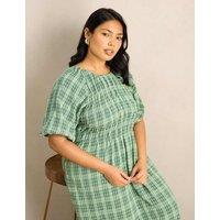 Live Unlimited London Cotton Rich Checked Maxi Shirred Dress Green