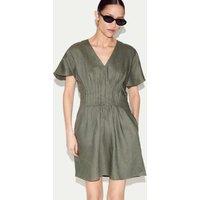 Jigsaw Pure Linen V-Neck Pintuck Mini Waisted Dress Khaki