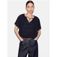 Jigsaw Pure Cotton Tie Detail Angel Sleeve Top Black