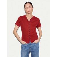 Jigsaw Cotton Rich Ribbed Button Through T-Shirt Red