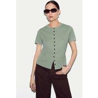 Jigsaw Cotton Rich Ribbed Button Through T-Shirt Green