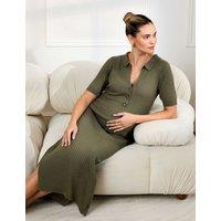 JoJo Maman Bb Maternity Knitted Ribbed Midi Shirt Dress Khaki