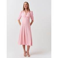 Ghost Crepe V-Neck Midi Tea Dress Pink