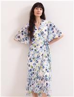 Chiffon Floral V-Neck Midi Wrap Dress