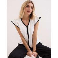 Phase Eight Pure Cotton V-Neck Flutter Sleeve Top Black Mix
