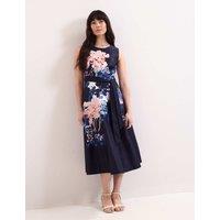 Phase Eight Pure Cotton Floral Belted Midi Skater Dress Navy Mix